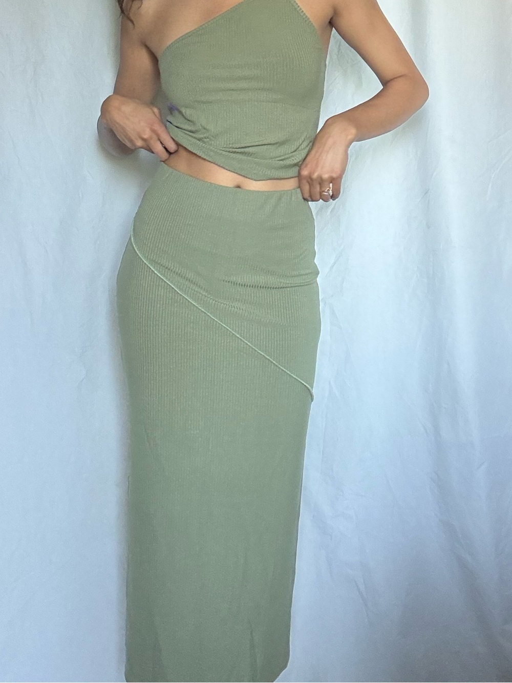 A  Bronze Age Confessions Ribbed Asymmetrical Olive Midi Skirt